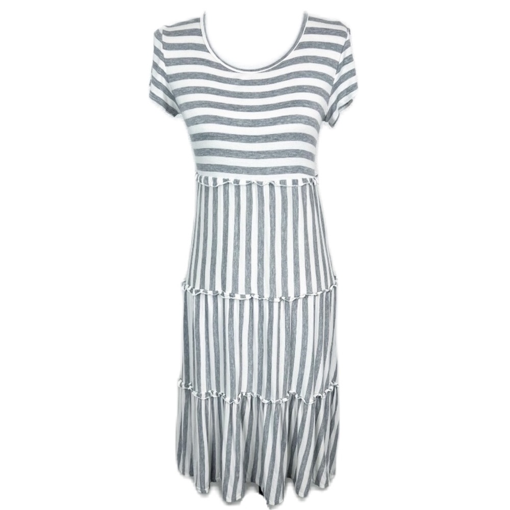 Egs by Eloges Grey Striped Short Sleeve Tiered Midi Dress Women's Medium